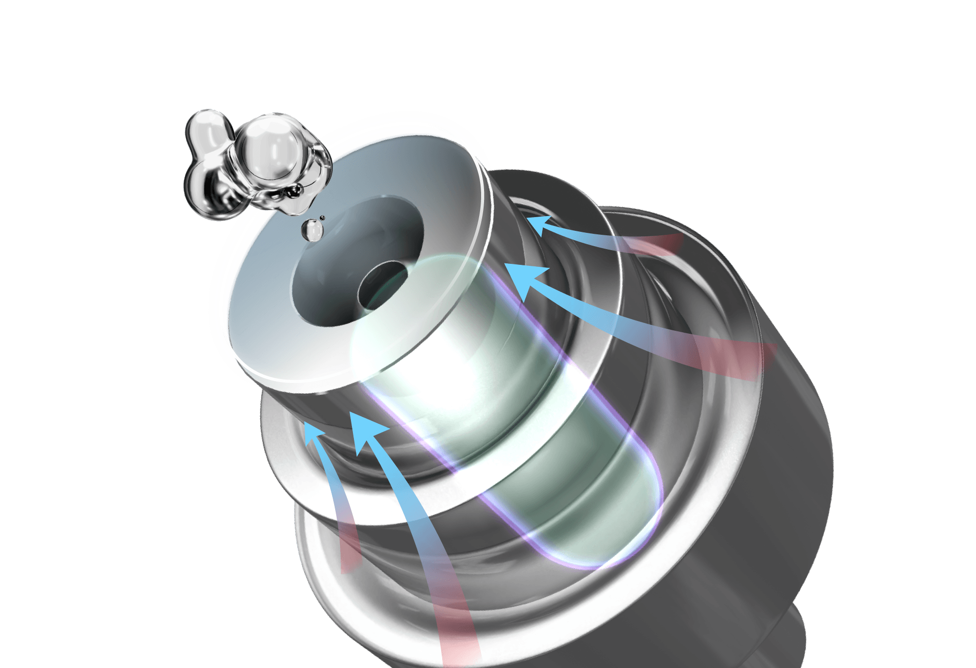 TurboTom 3S Liquid Metal Bearing tüp kesit diyagramı — likit metal rulman akış mekanizması