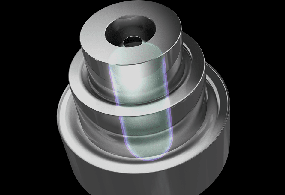 Liquid Metal Bearing tüp — iç içe metalik halka yapısı, siyah fon