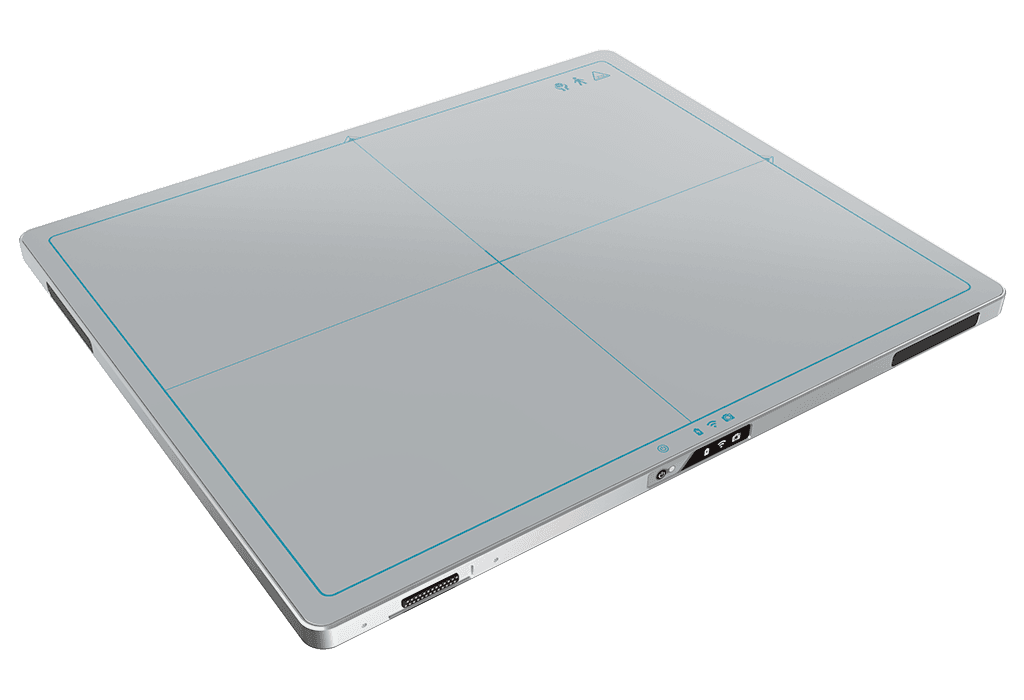InnoCare Flexible kablosuz flat panel dedektör — izometrik render, cam içermeyen kompozit gövde