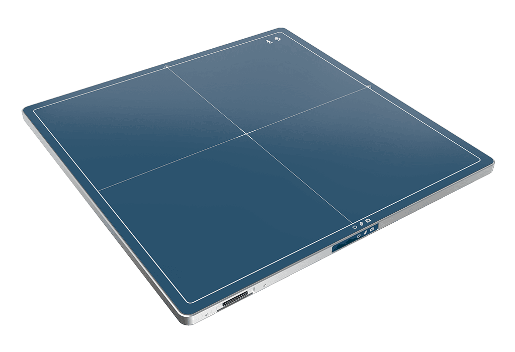 InnoCare V17 kablolu flat panel dedektör — izometrik render, lacivert gövde